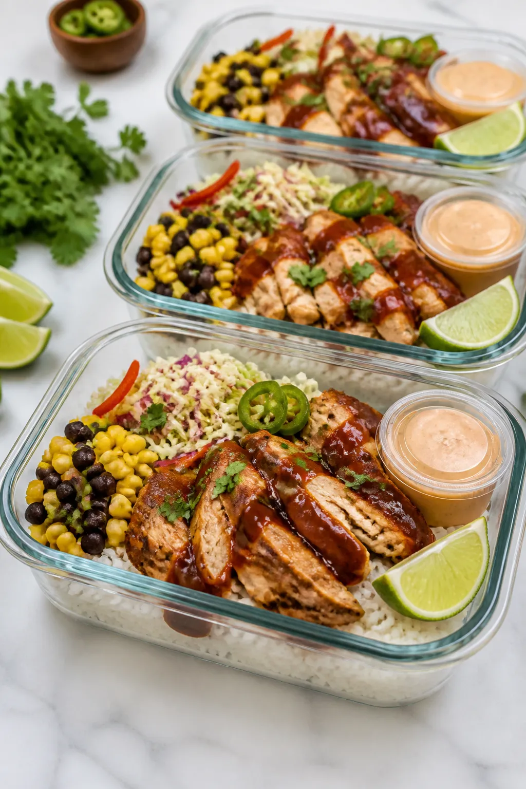 Final dish — meal prep lineup: Beautifully plated meal-prep scene featuring three glass containers