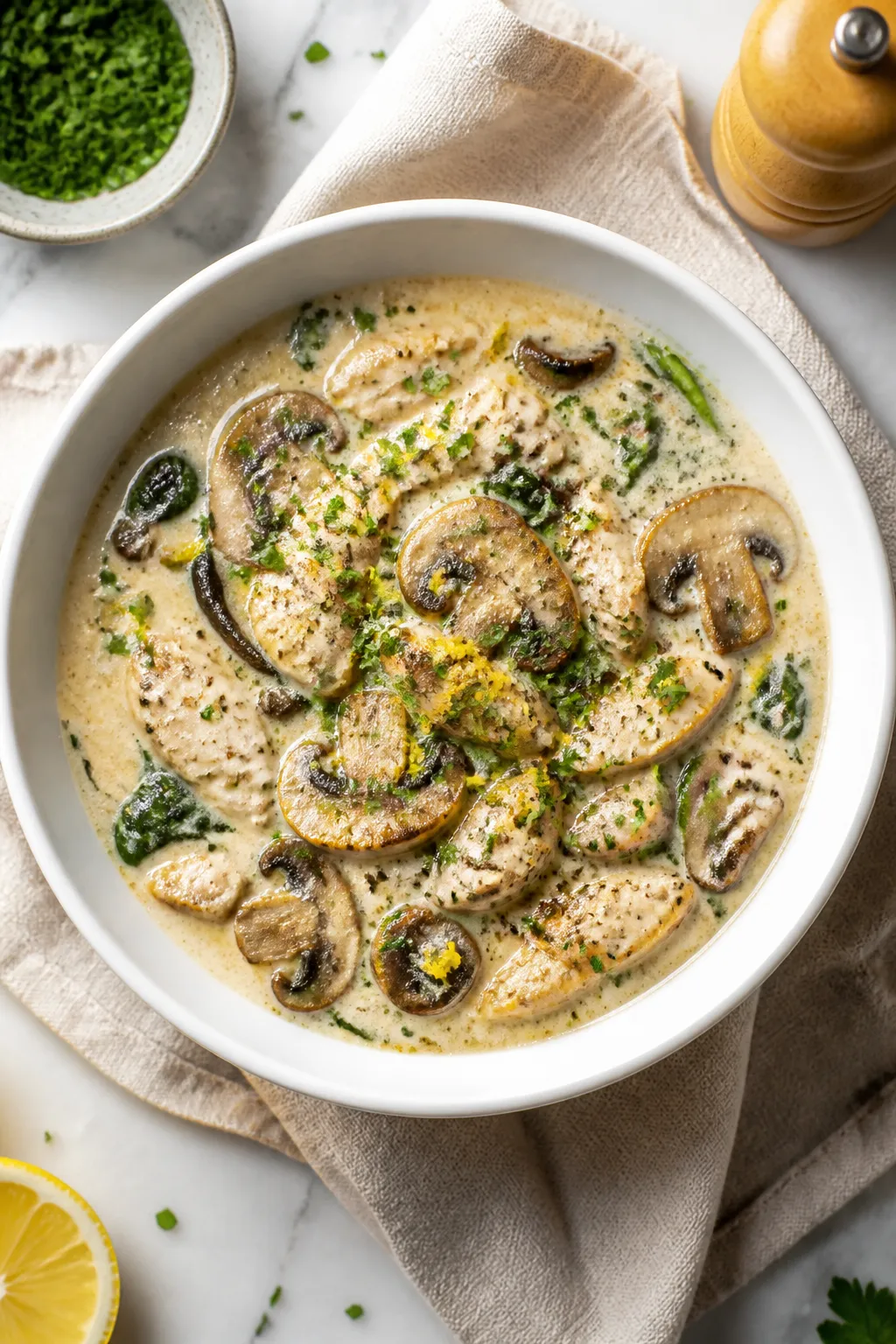 Final dish overhead: Restaurant-quality bowl of Low Carb Creamy Mushroom Chicken Soup, showing velve