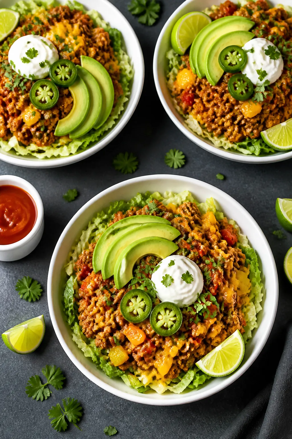 Final dish overhead: Top-down shot of Ground Chicken Keto Taco Skillet served as bowls over shredded