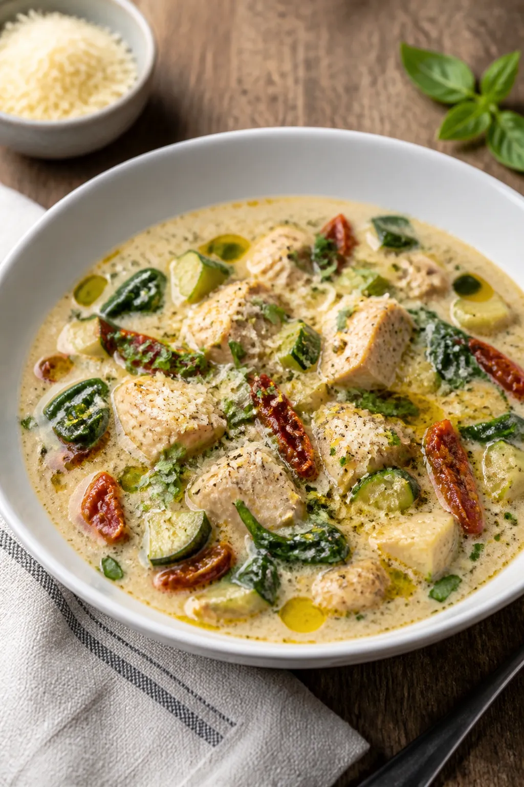 Final dish plated: A bistro-style bowl of Low Carb Creamy Tuscan Chicken Soup, glossy and velvety wi