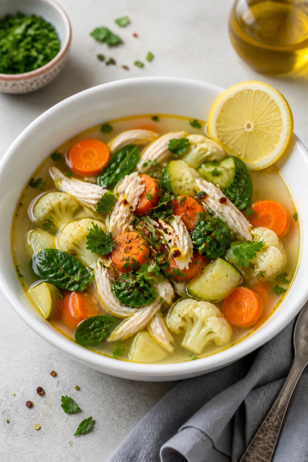 Final dish, plated bowl: Restaurant-quality presentation of high protein low carb chicken soup in a
