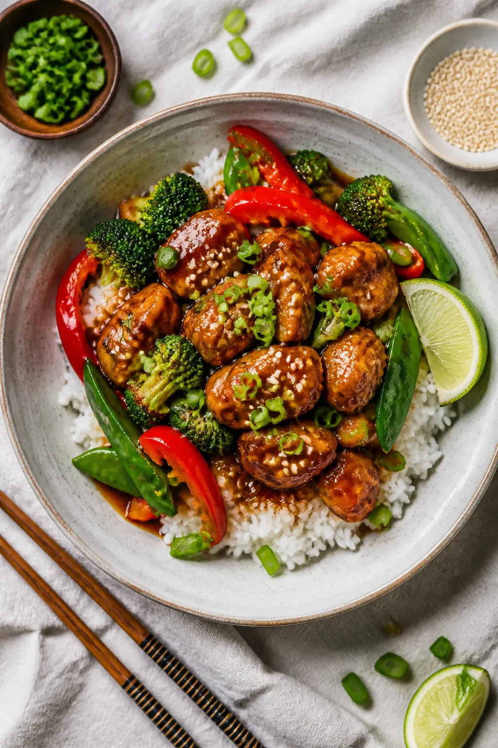 Final dish presentation: Beautifully plated Air Fryer Teriyaki Chicken Meal Prep bowlâfluffy jasmi