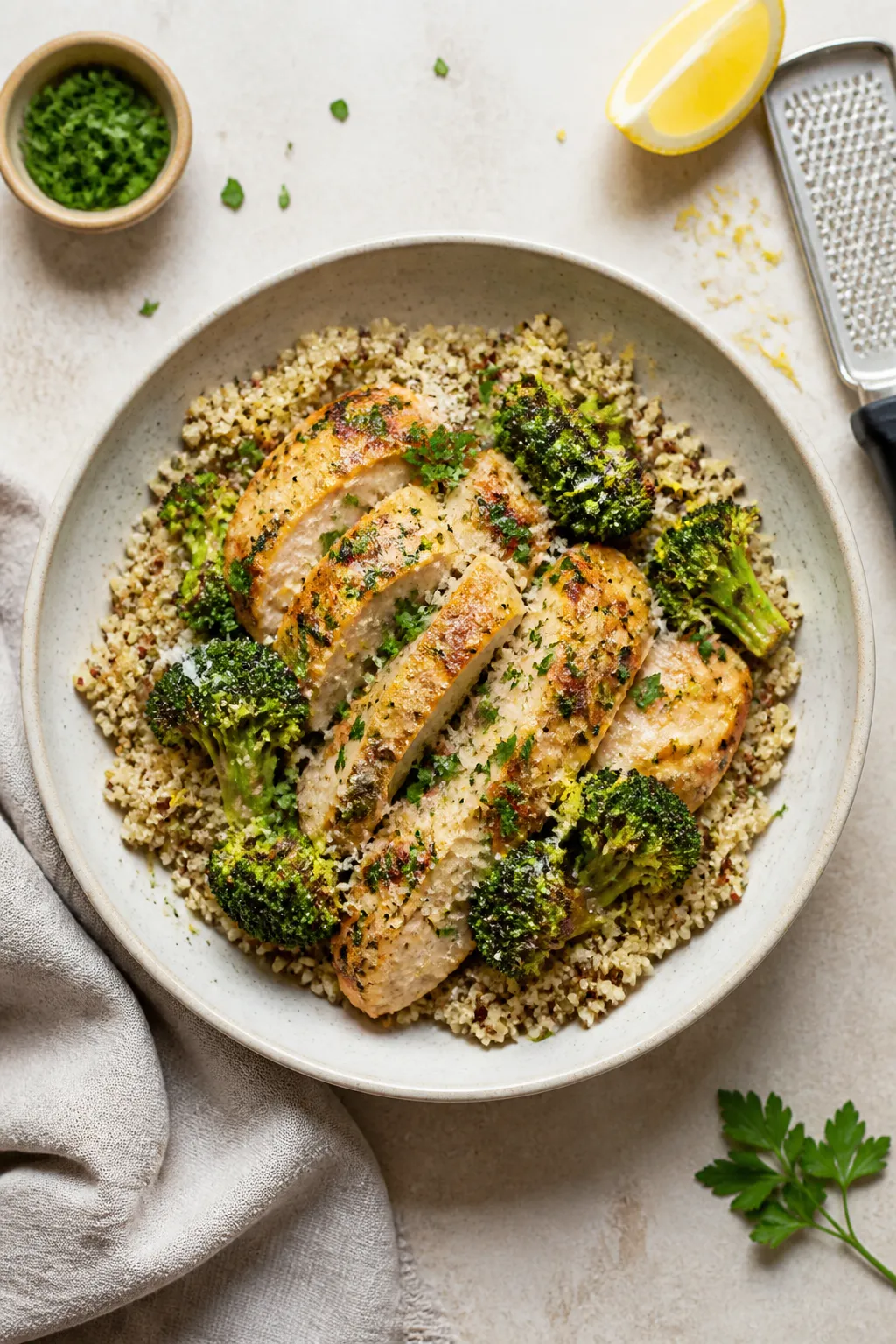 Final dish presentation: Beautifully plated Garlic Parmesan Chicken & Broccoli Meal Prep bowlâfluf