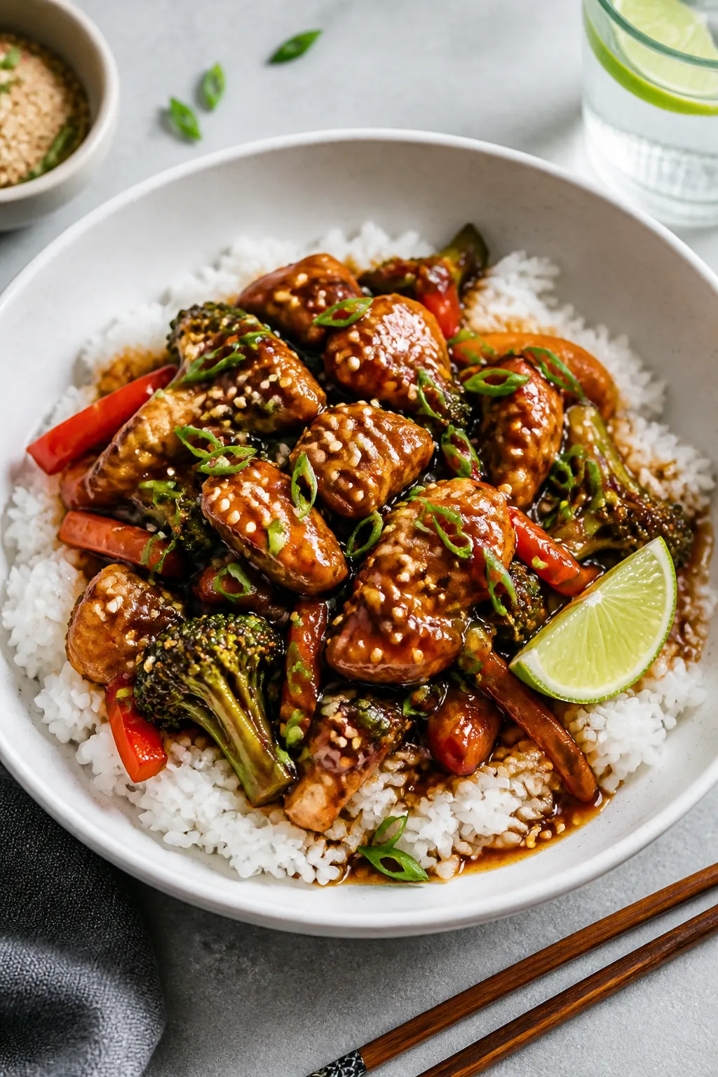 Final dish presentation: Beautifully plated High Protein Teriyaki Chicken Stir Fry over fluffy jasmi
