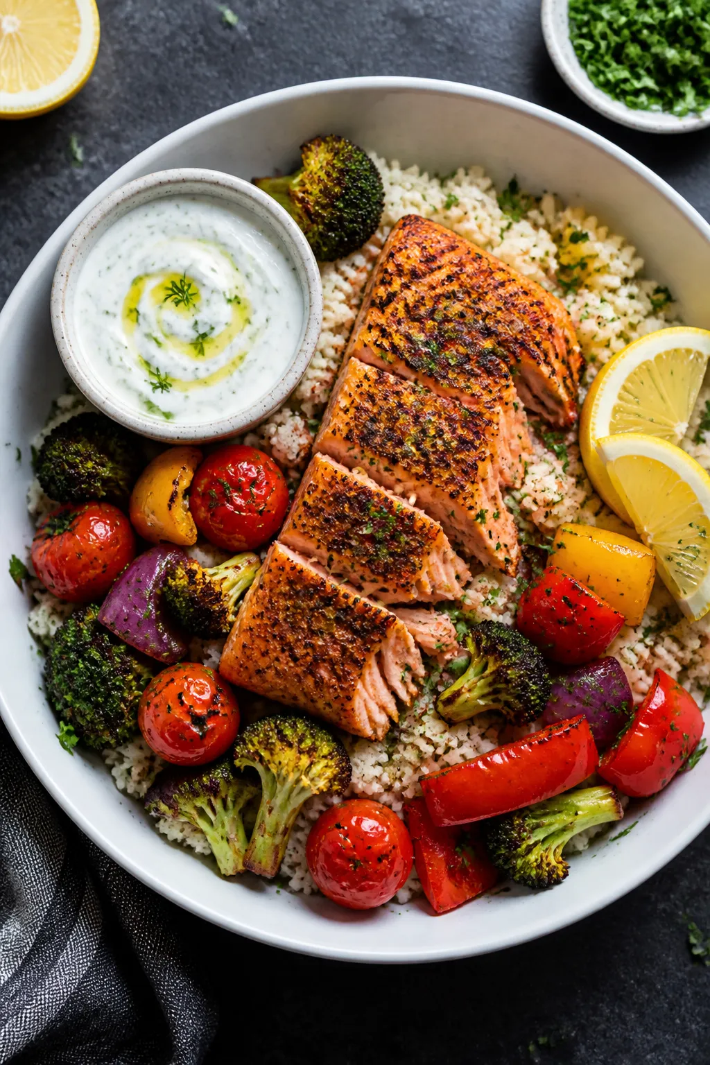Final dish presentation: Beautifully plated “Low Calorie Cajun Salmon Meal Prep” bowl—flaky Ca