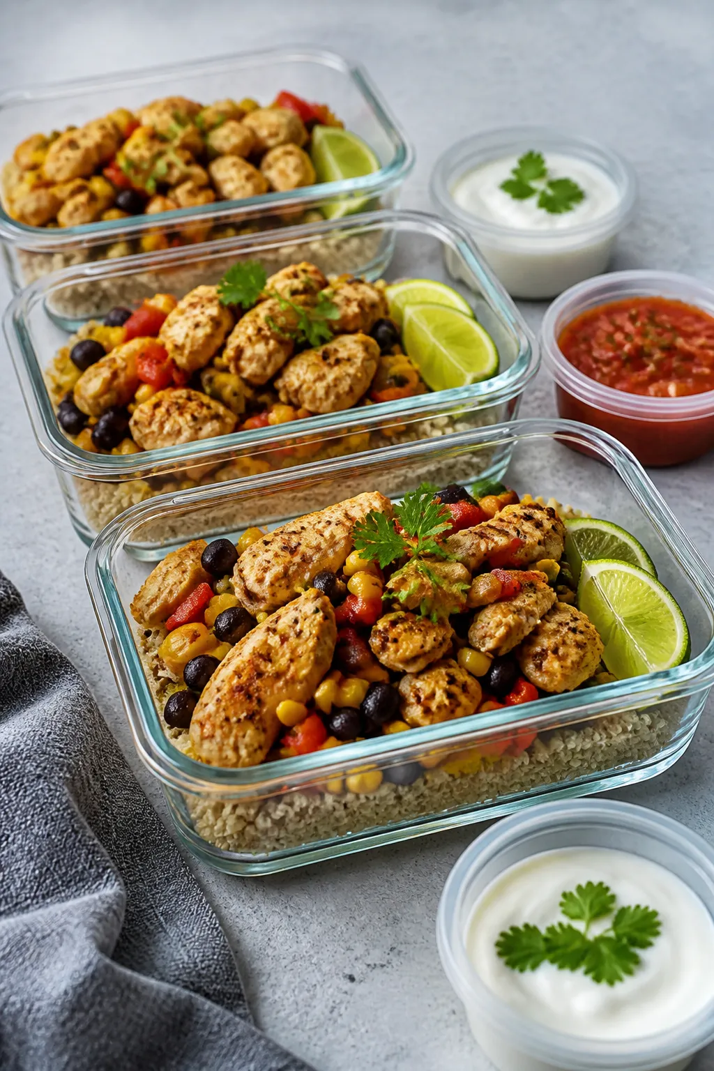 Final dish presentation: Beautifully plated meal-prep lineup â three glass containers filled with