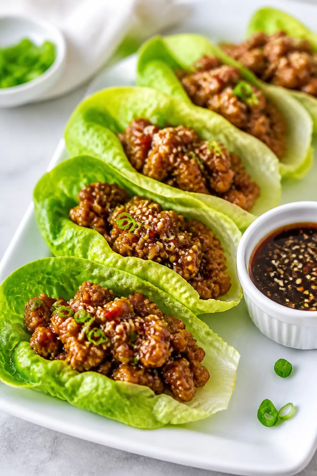 Final dish presentation: Lettuce wrap spreadâbutter lettuce leaves filled with sticky honey garlic
