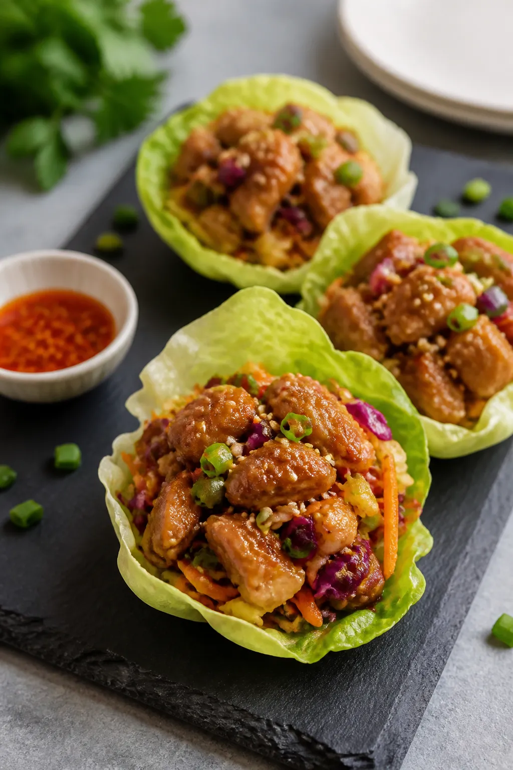 Final dish presentation: Lettuce-wrap spread showcasing the finished filling spooned into crisp butt
