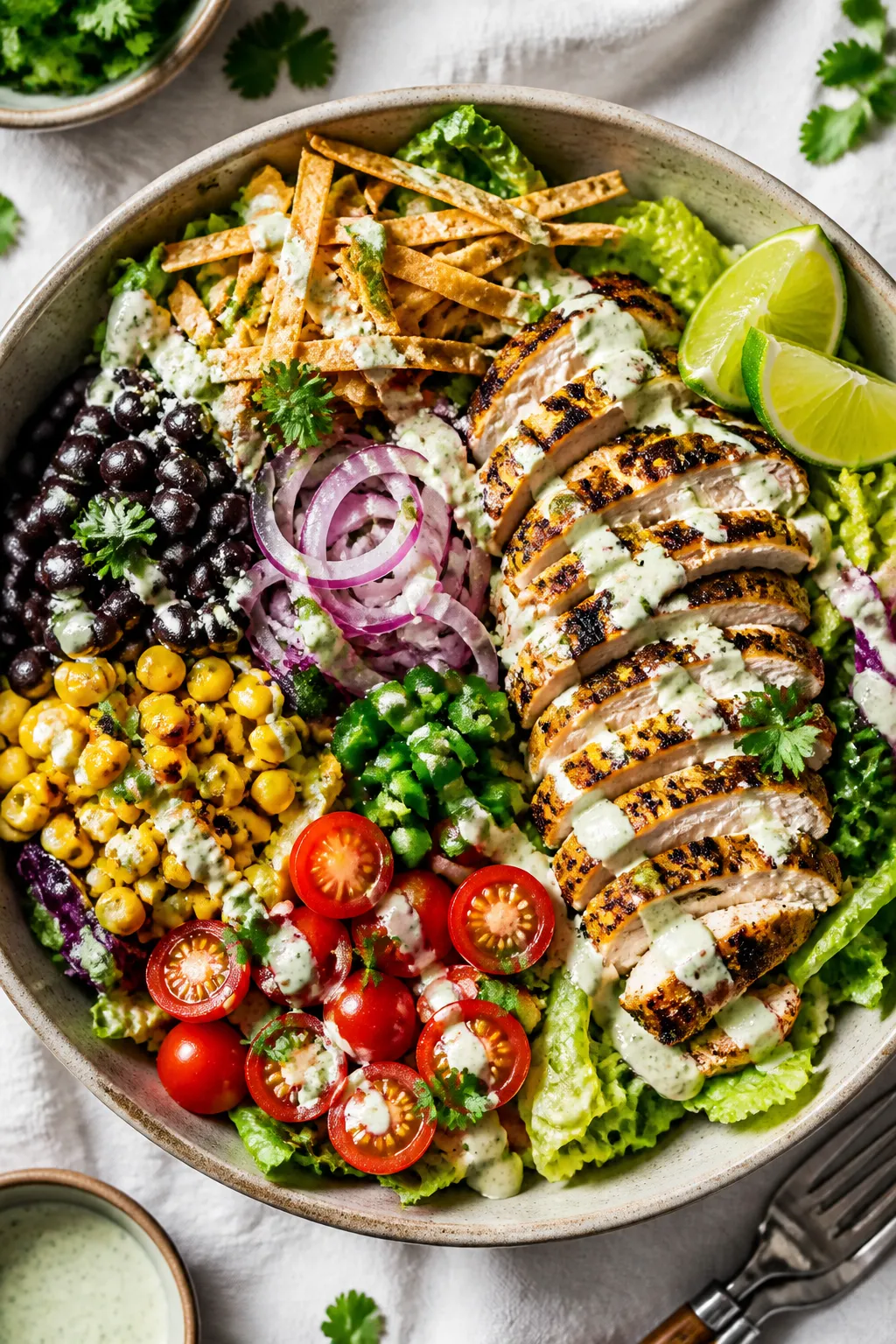 Final dish presentation: Overhead ātaco salad bowlā ready to eatābed of romaine mixed with shr