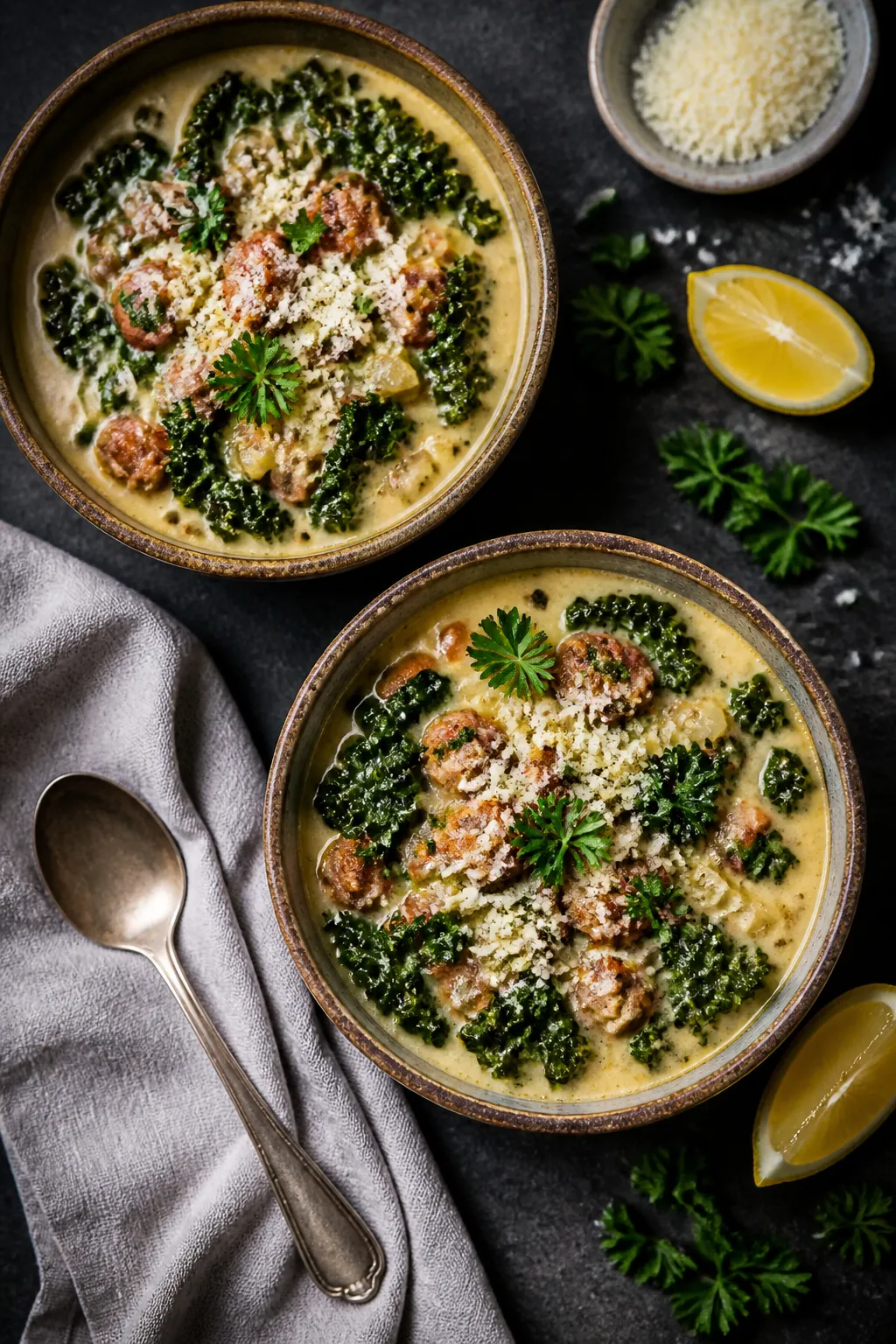 Final dish presentation, overhead: Two rustic bowls of Low Carb Sausage and Kale Soup on a dark slat