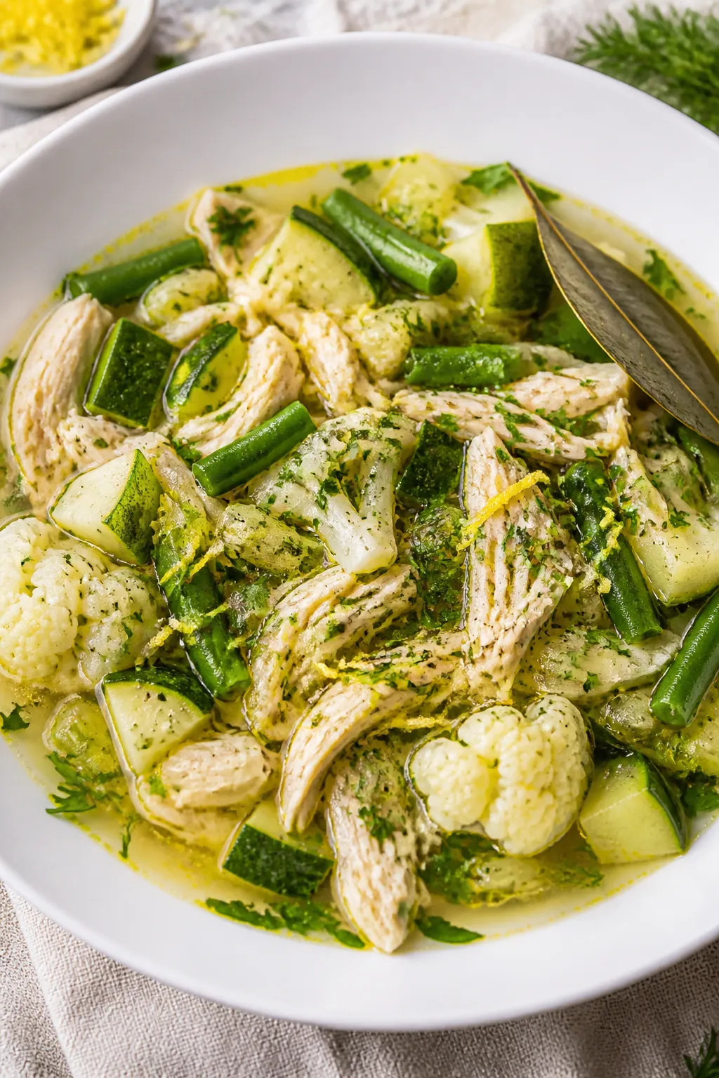 Final dish presentation: Restaurant-quality bowl of Low Carb Chicken Vegetable Soup served in a wide