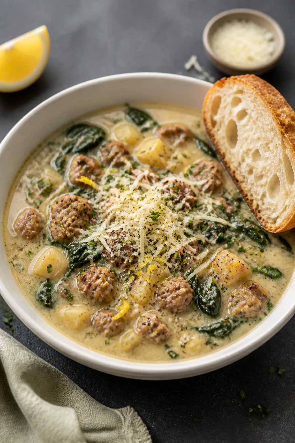 Final dish presentation: Restaurant-quality bowl of Creamy Parmesan Sausage Soup plated with a gener