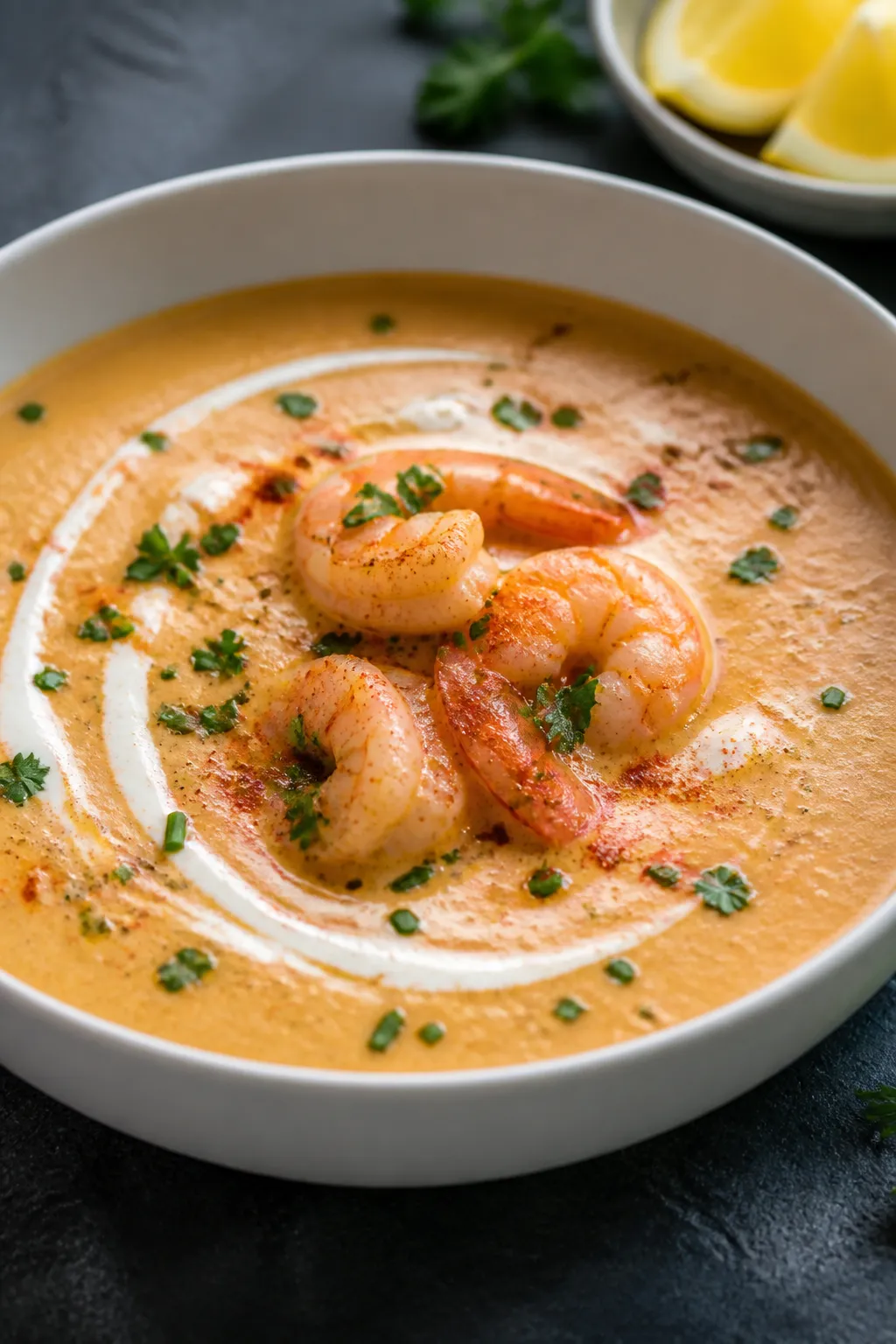Final dish presentation: Restaurant-quality bowl of Low Carb Shrimp Bisque, smooth and creamy with p