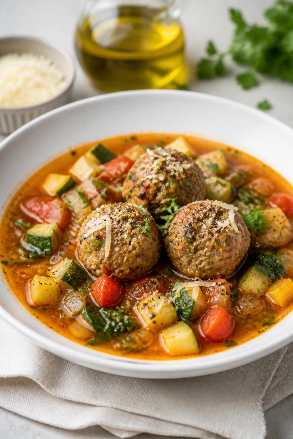 Final dish presentation: Restaurant-quality bowl of Low Carb Italian Meatball Soup plated in a matte