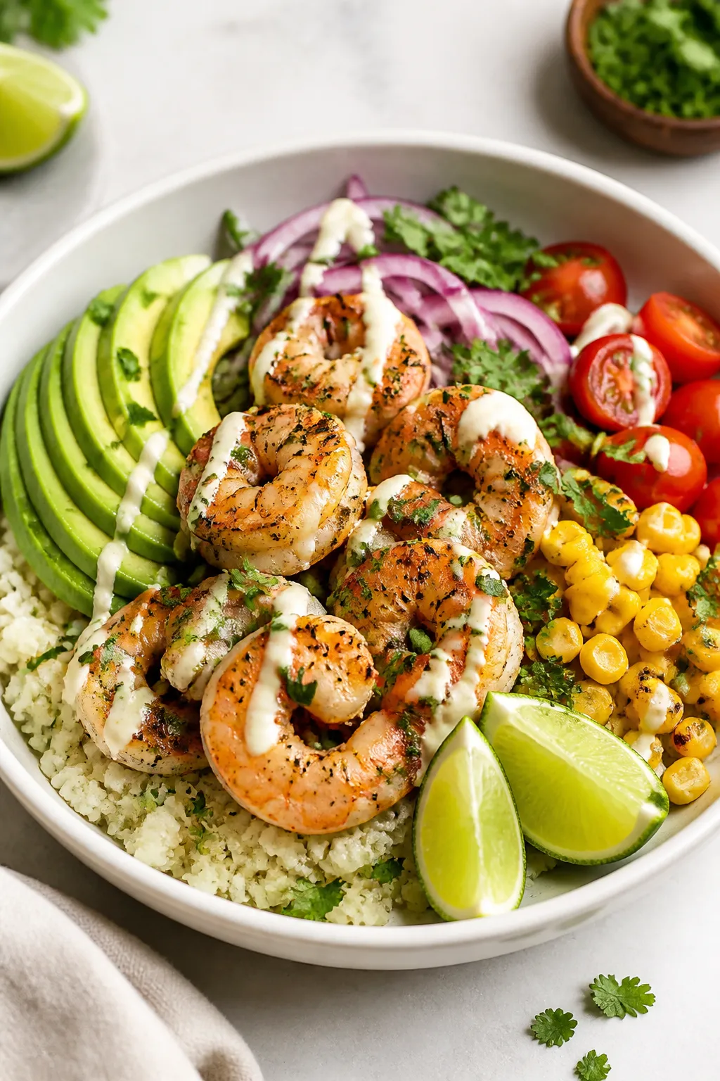 Final dish presentation: Restaurant-quality cilantro lime shrimp bowl plated over fluffy cauliflower
