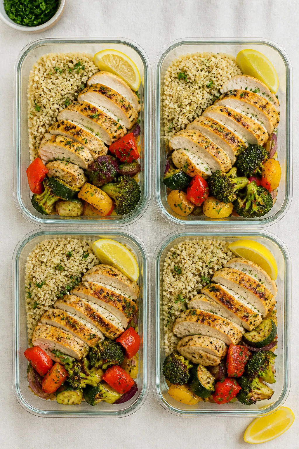 Final dish presentation: Restaurant-quality meal prep containers arranged neatly in a 2x2 grid âea