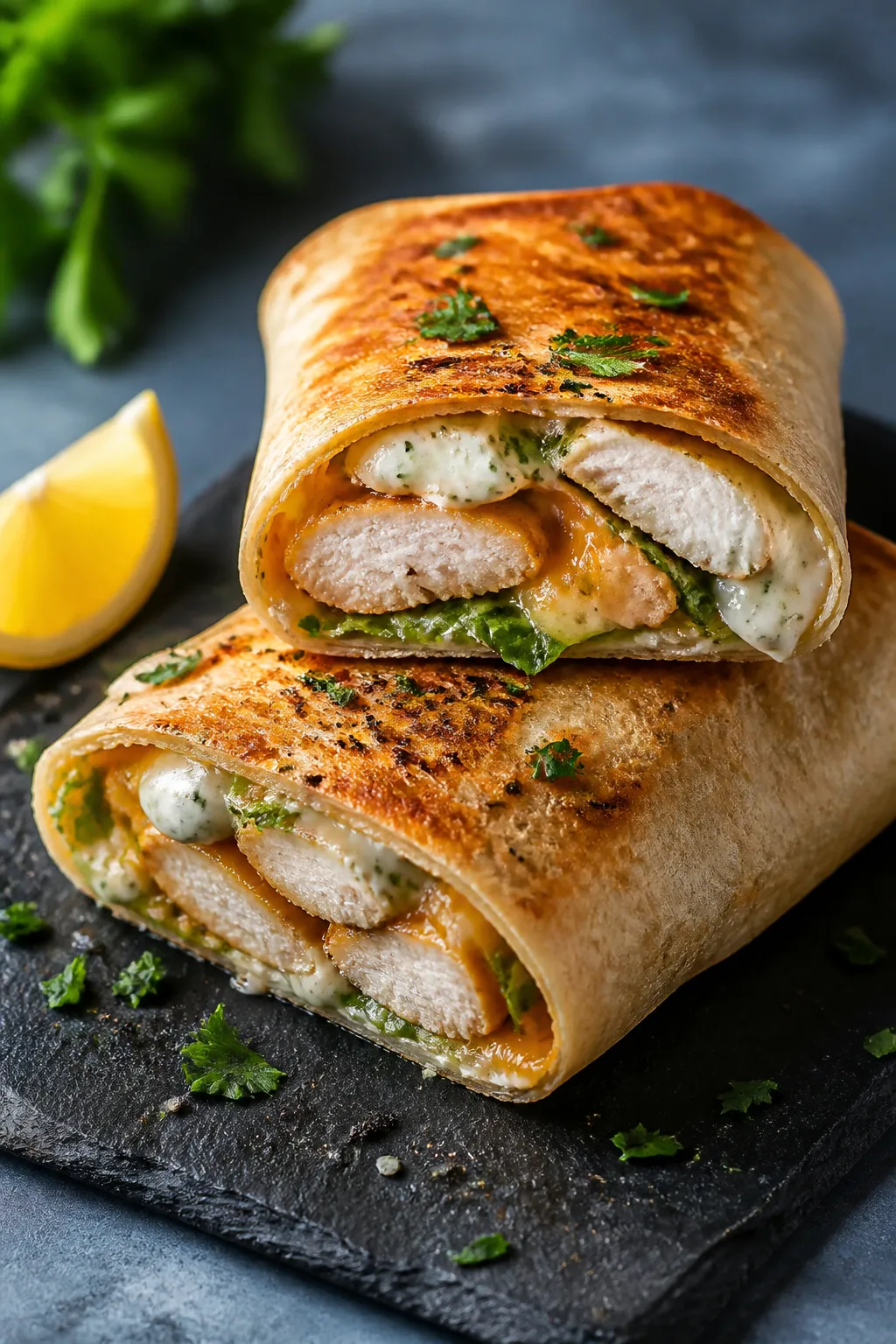 Final dish presentation: Restaurant-quality plate of a toasted Chicken Ranch Wrap, one whole wrap an