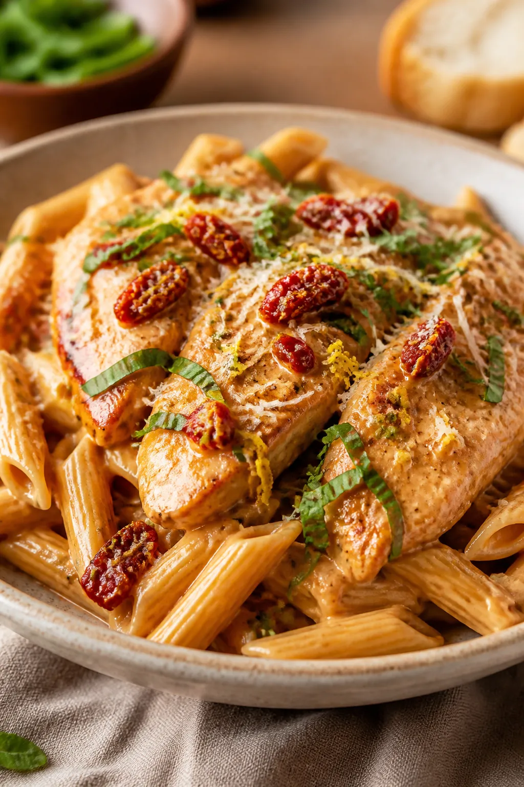 Final dish presentation: Restaurant-quality plate of Marry Me Chicken served over al dente penne, sa