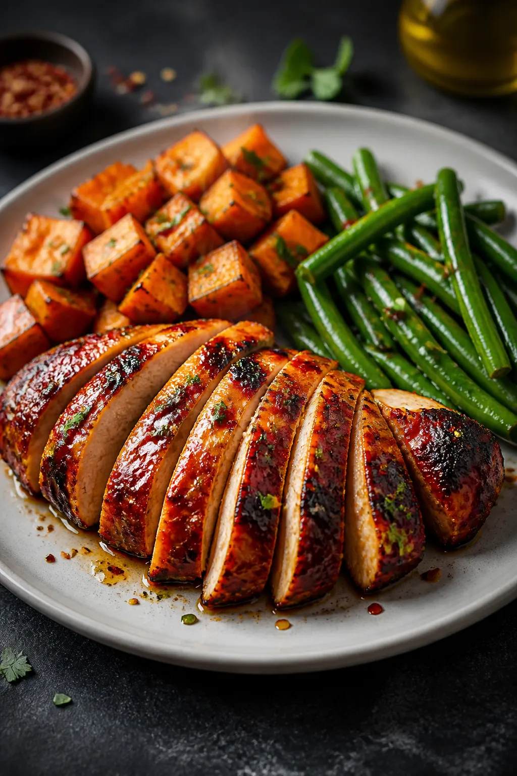 Final dish presentation: Restaurant-quality plated BBQ chicken mealâsliced, ultra-juicy chicken br