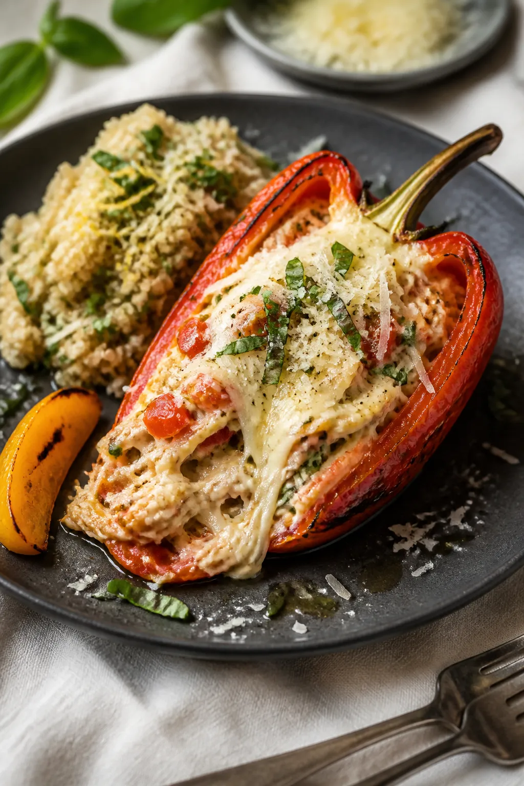 Final dish presentation: Restaurant-quality plated rotisserie chicken stuffed pepper halved to revea