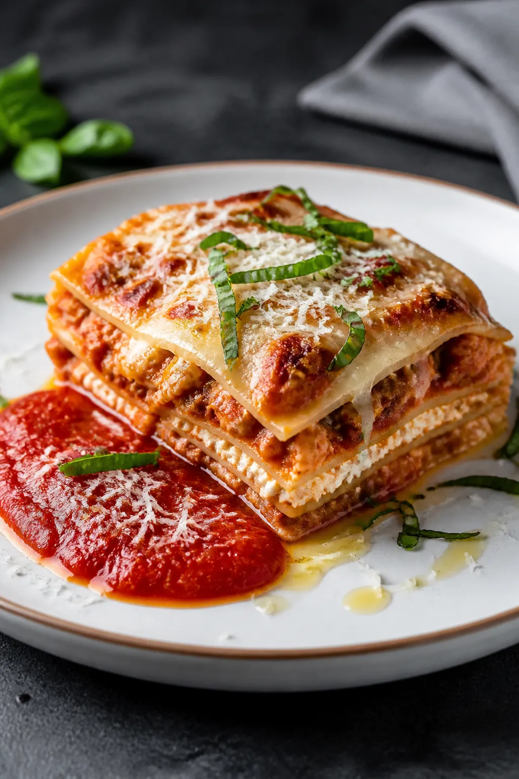 Final dish presentation: Restaurant-quality plated slice of Ground Chicken Cottage Cheese Lasagna on