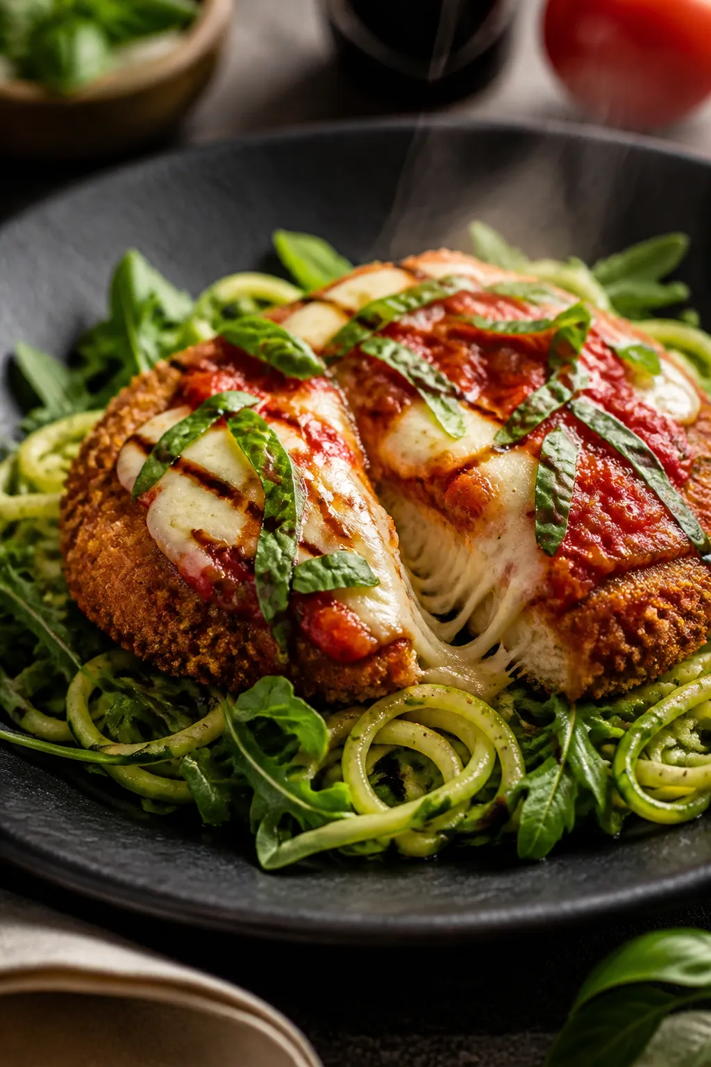 Final dish presentation: Restaurant-quality plated Chicken Parmesan Bowl “Caprese style” variati