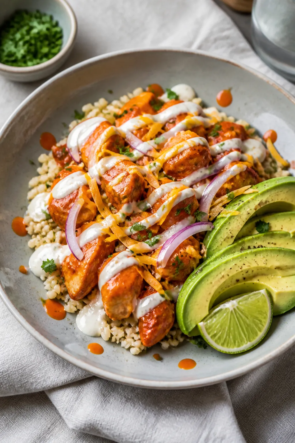 Final dish presentation: Restaurant-quality plated Buffalo Chicken Ranch bowl—warm grains on the b