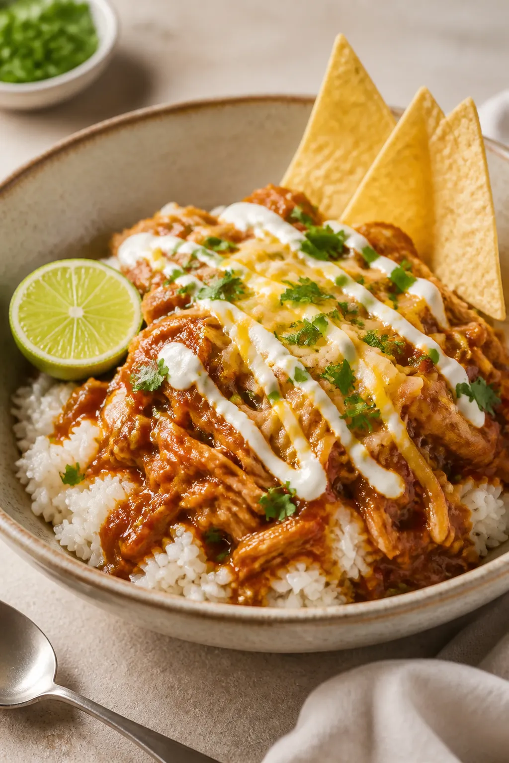 Final dish presentation: Restaurant-quality plated Chicken Enchilada Rice Bowl in a wide, shallow ce