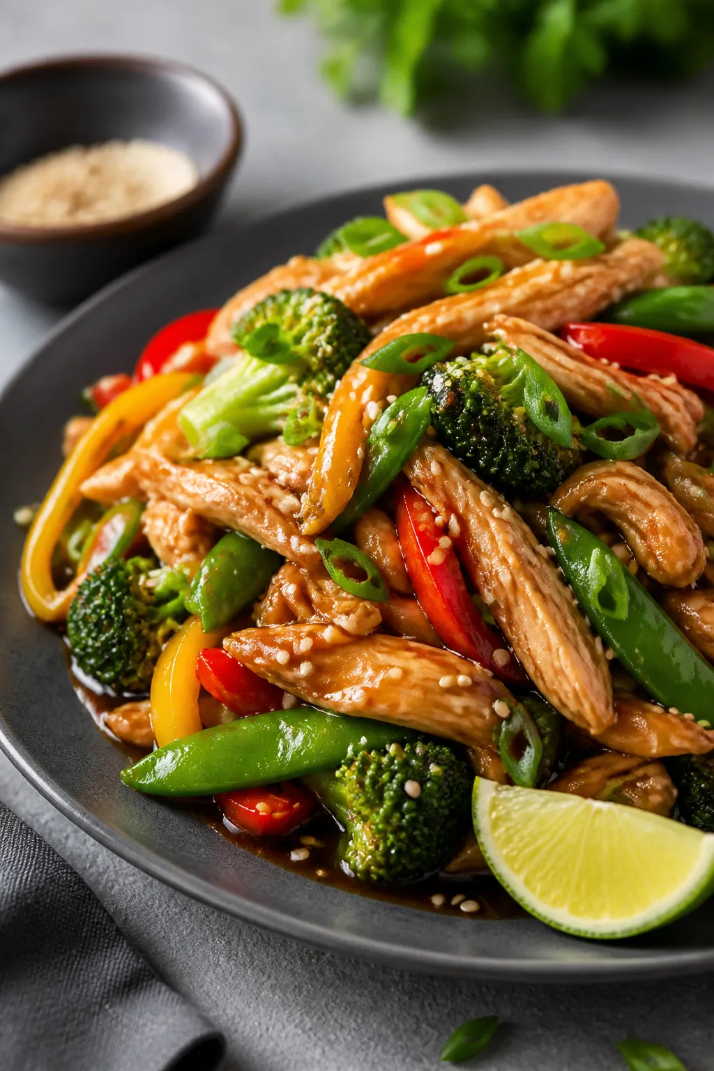 Final dish presentation: Restaurant-quality plated stir fry (no rice) mounded high on a charcoal-gra