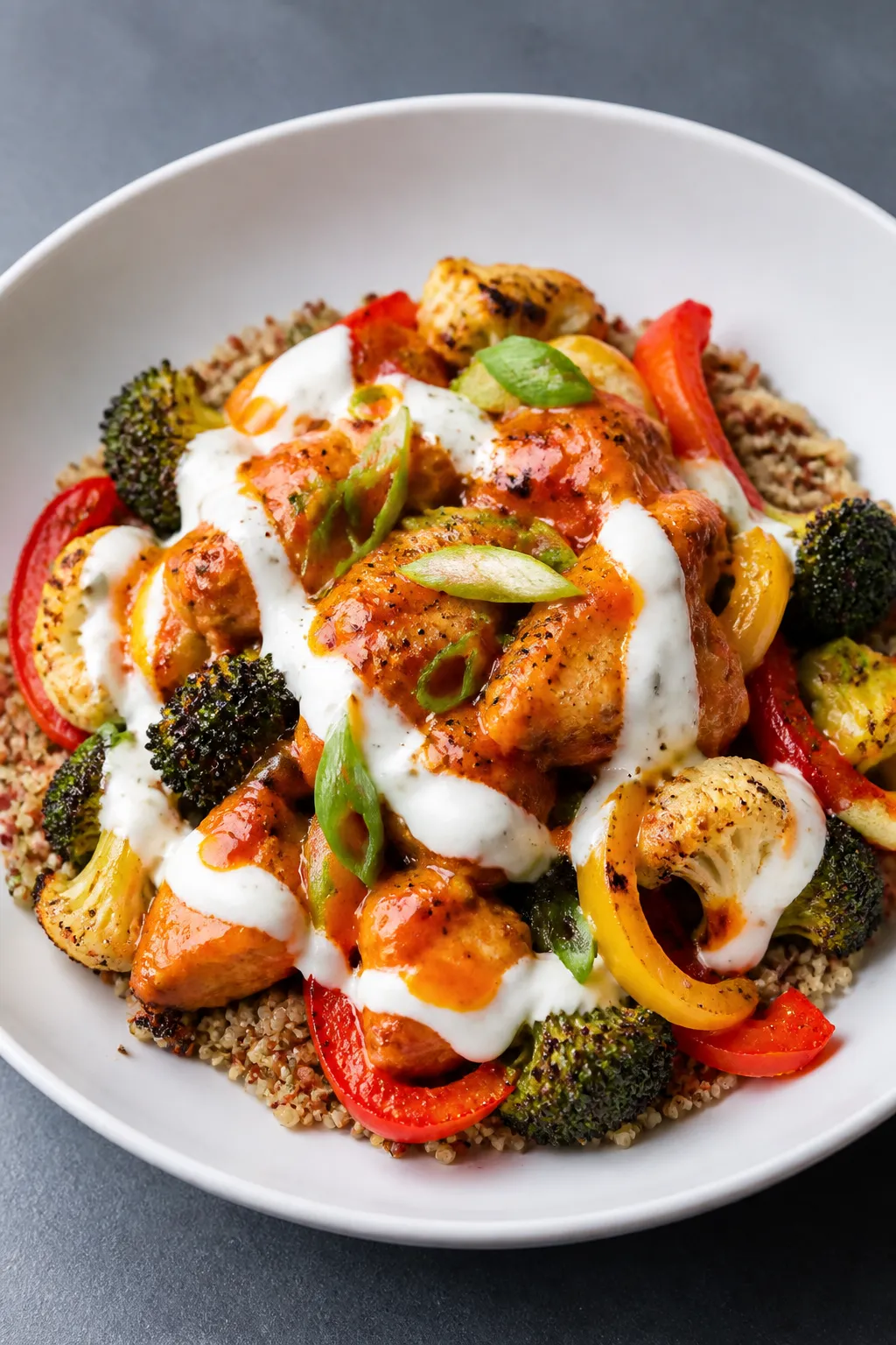 Final dish presentation: Restaurant-quality plated buffalo chicken bowl in a wide matte-white shallo