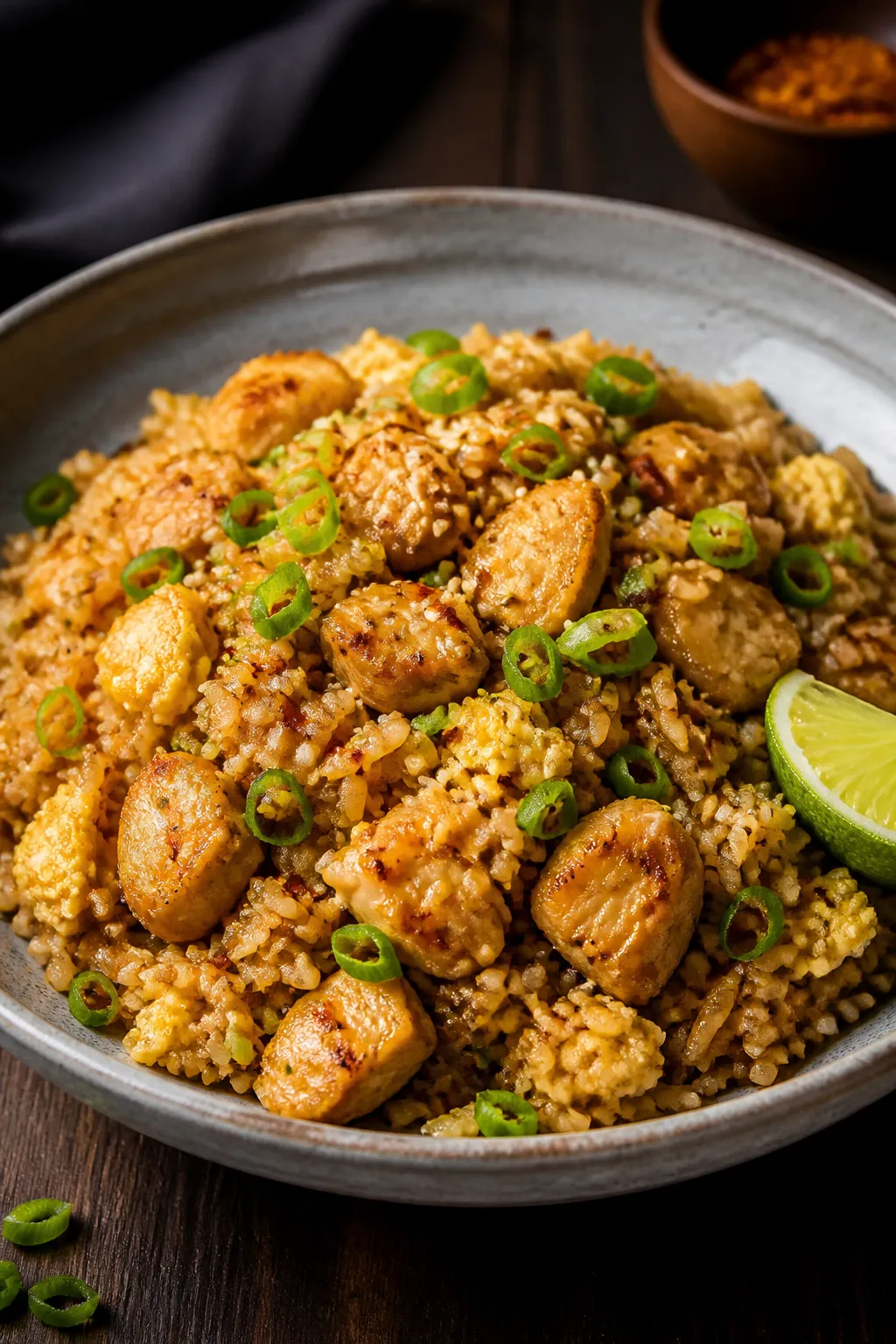 Final dish presentation: Restaurant-quality plating of Chicken Fried Rice piled high with defined, s