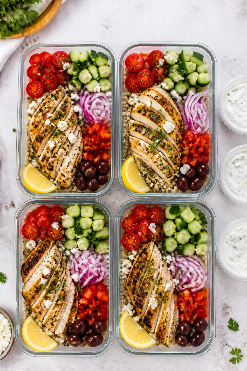 Final dish presentation: Tasty top view of Mediterranean Chicken Meal Prep Bowls assembled in four c
