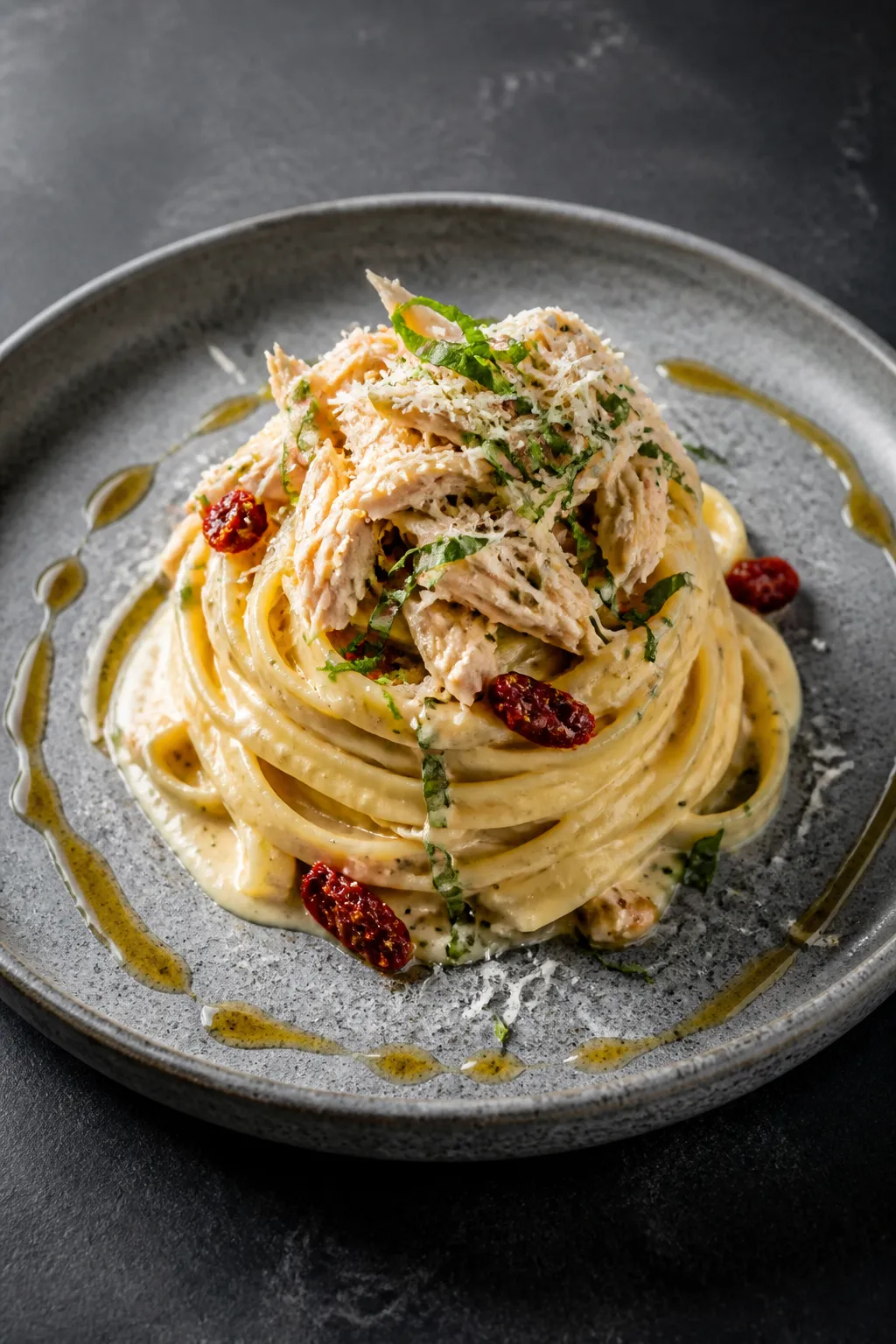 Final dish restaurant-style presentation: Beauty plate of fettuccine version twirled into a tall nes