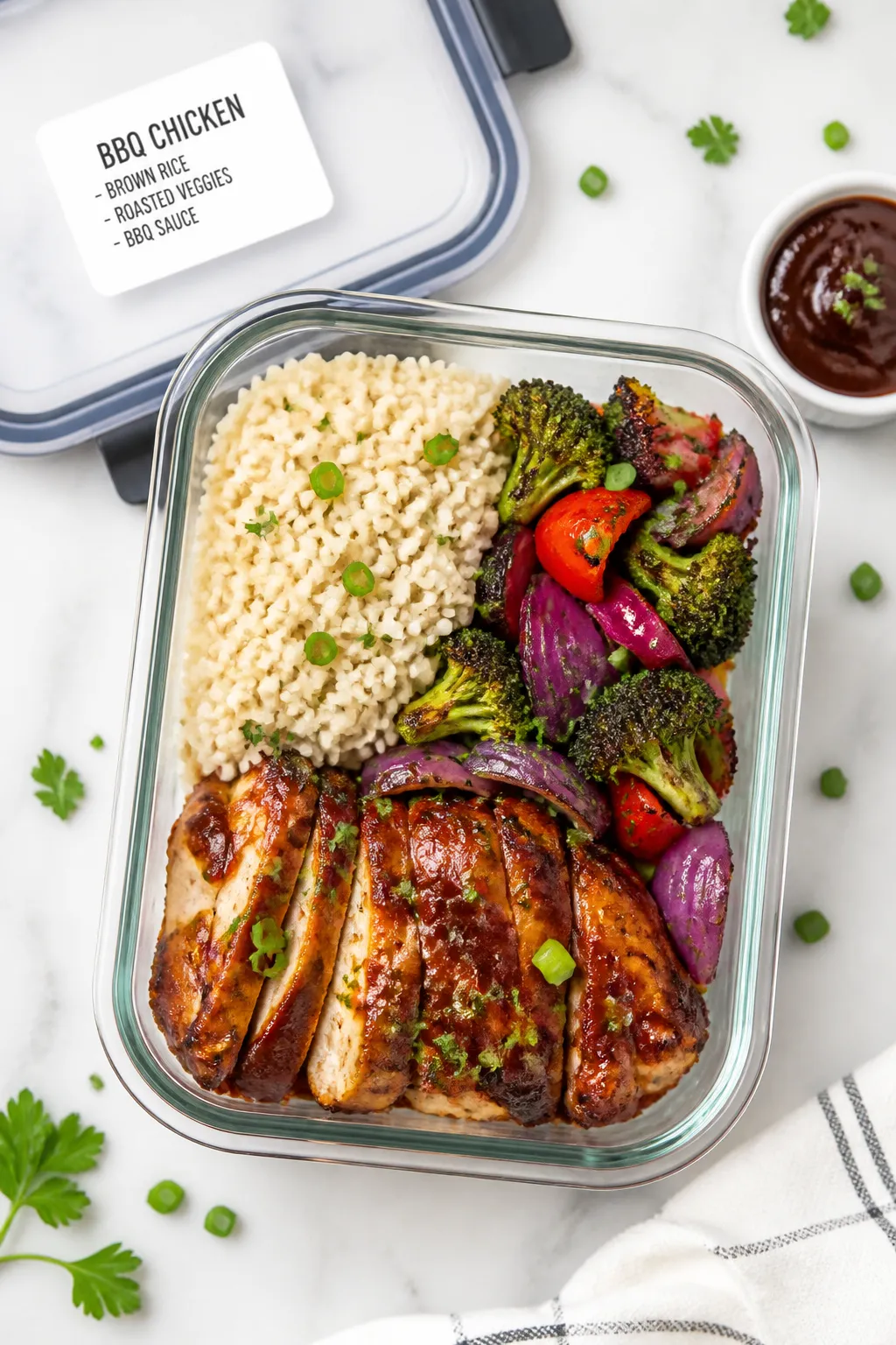 Final dish top view: Meal-prep containers neatly assembled—one quadrant of fluffy brown rice, one 