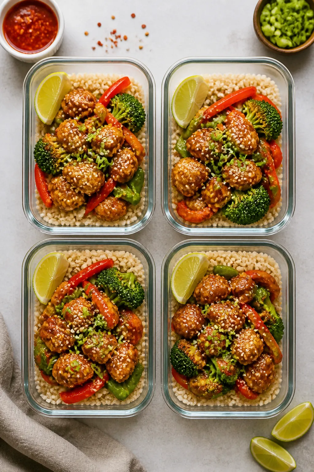 Final dish top view: Meal-prep layout—four glass containers arranged neatly on a light stone surfa
