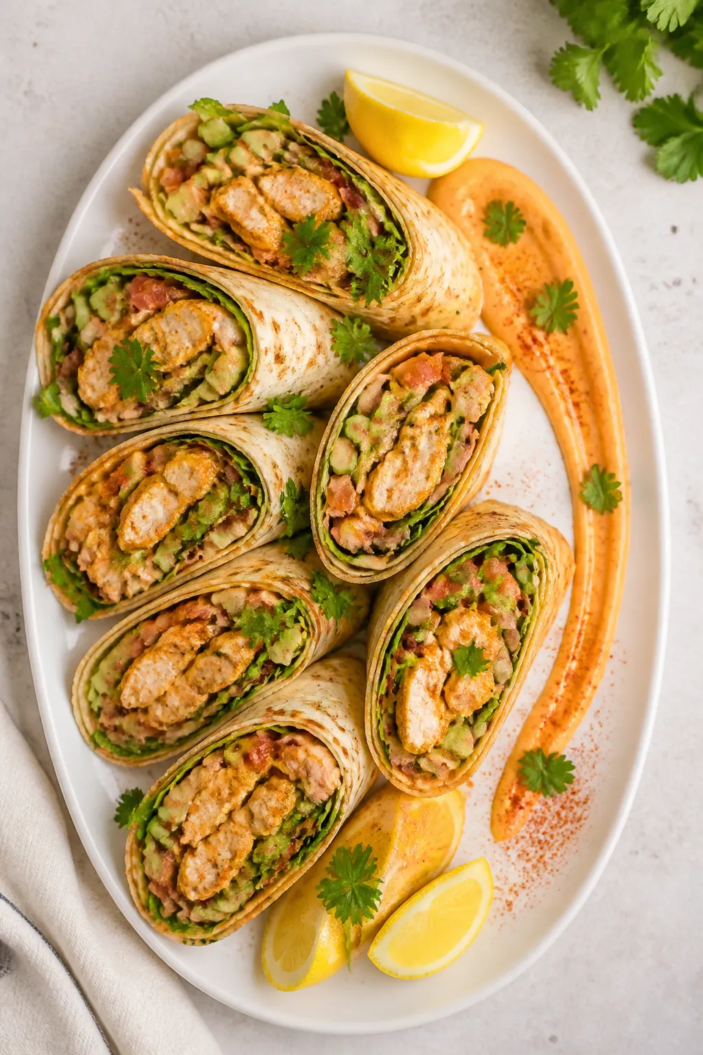 Final dish top view: Overhead platter of halved High Protein Rotisserie Chicken Wraps arranged in a 