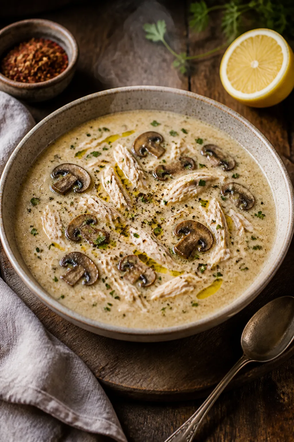 Final plated beauty: Elegantly presented creamy chicken mushroom soup in a shallow stoneware bowl, s