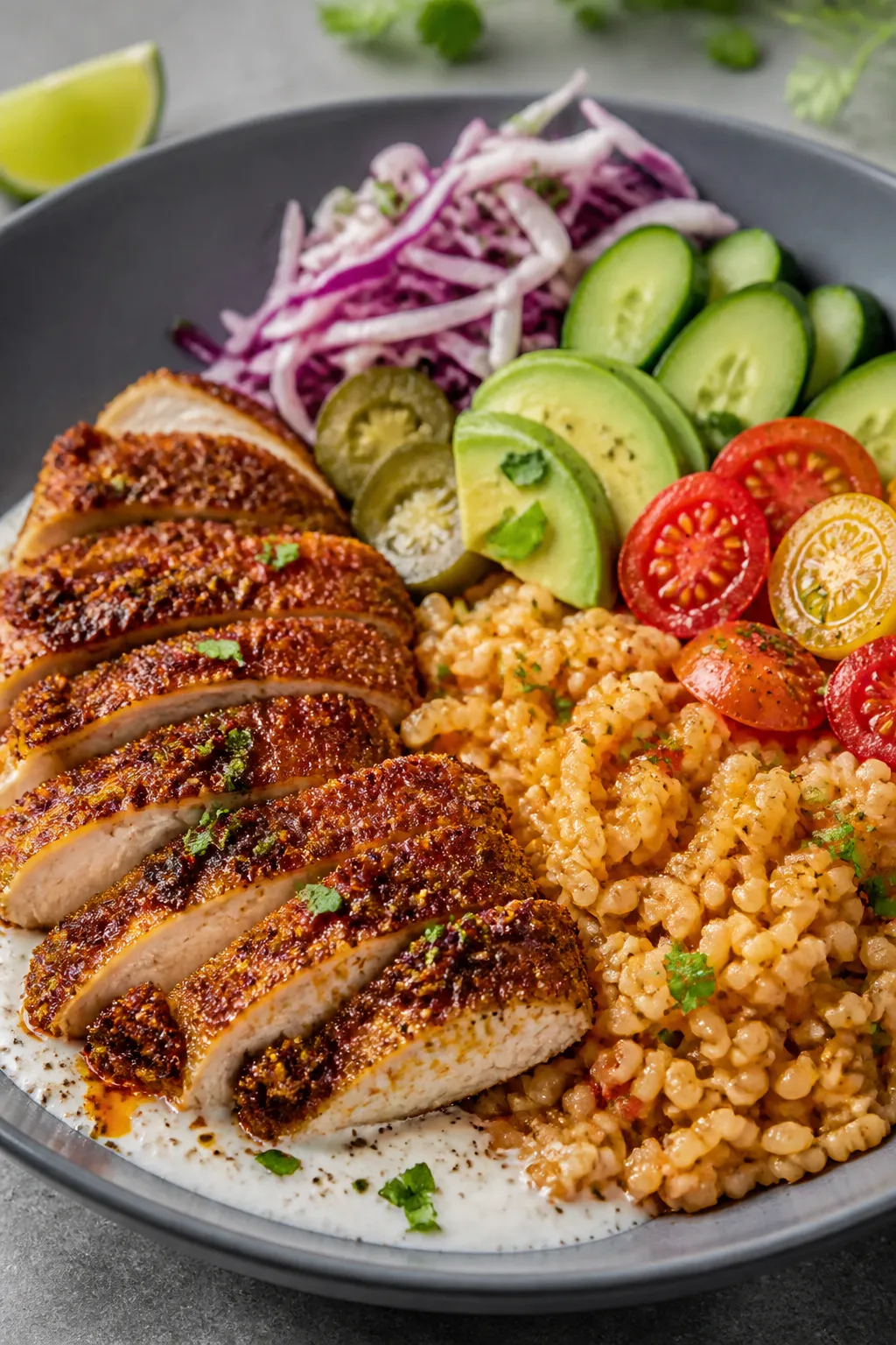 Final plated beauty: Restaurant-quality close-up of a “crunchy” version bowl—crisp breaded chi