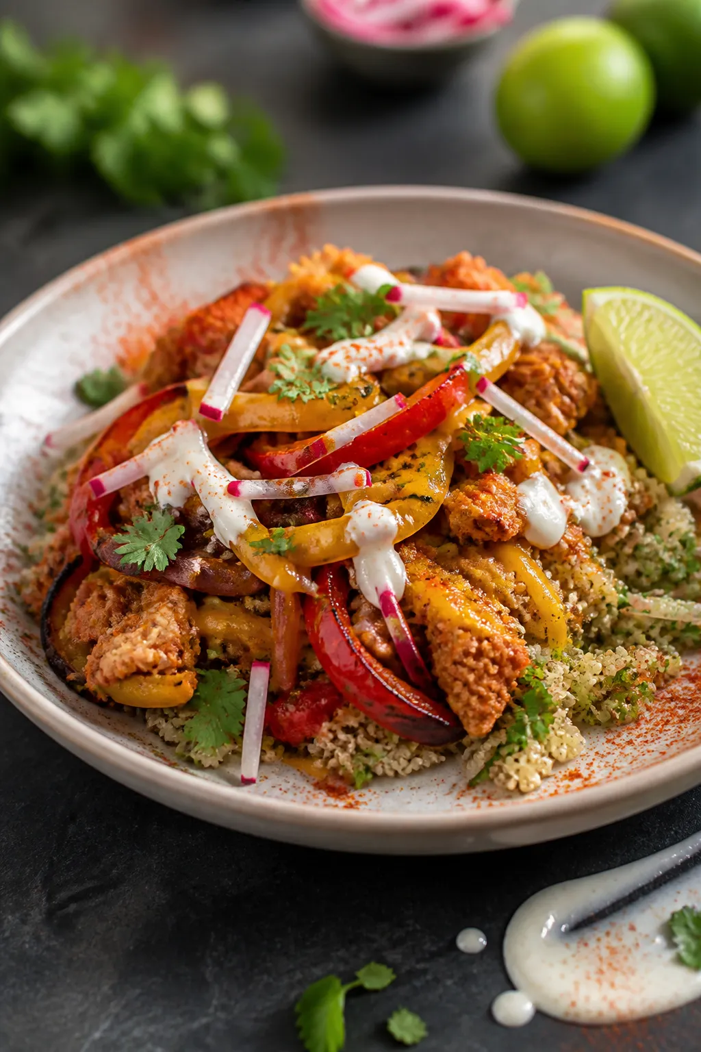 Final plated beauty: Restaurant-quality presentation of a Ground Chicken Fajita Bowl variationâcil