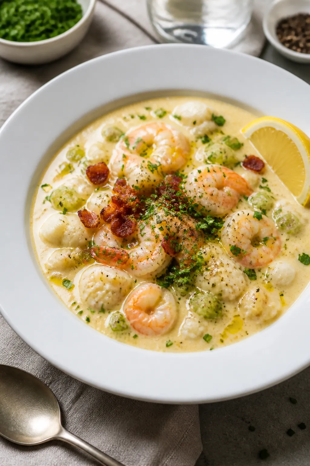 Final plated beauty shot: A restaurant-quality bowl of keto seafood chowder presented in a wide whit