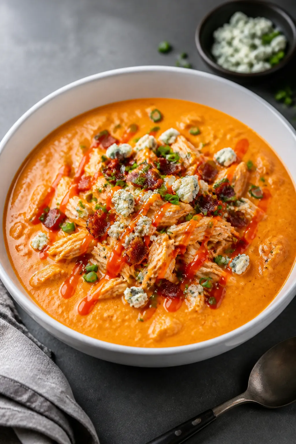 Final plated beauty shot: A restaurant-quality bowl of Keto Buffalo Chicken Soup, rich creamy orange
