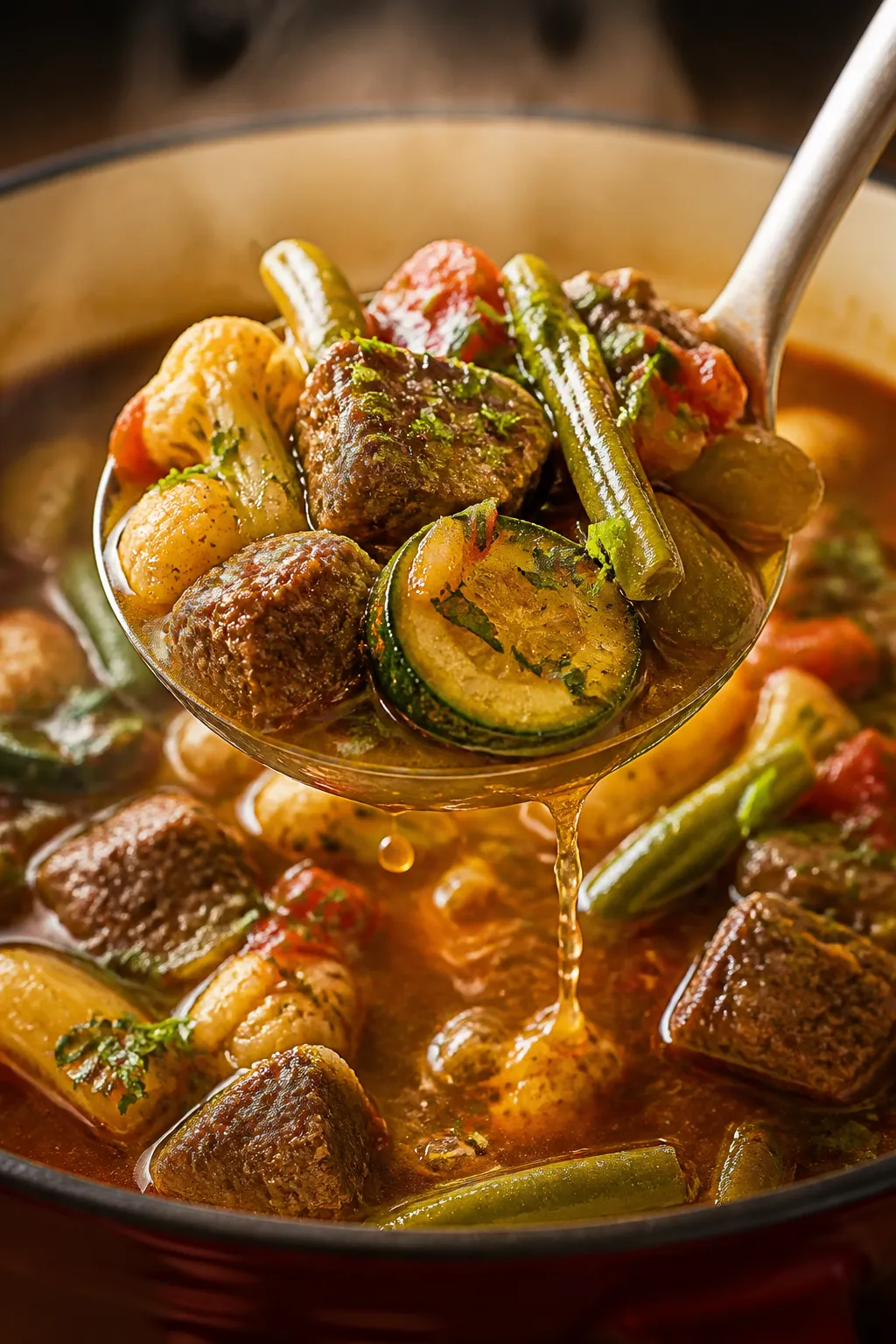 Final plated beauty shot: Close-up of a ladle lifting the soup from the pot, showcasing succulent be