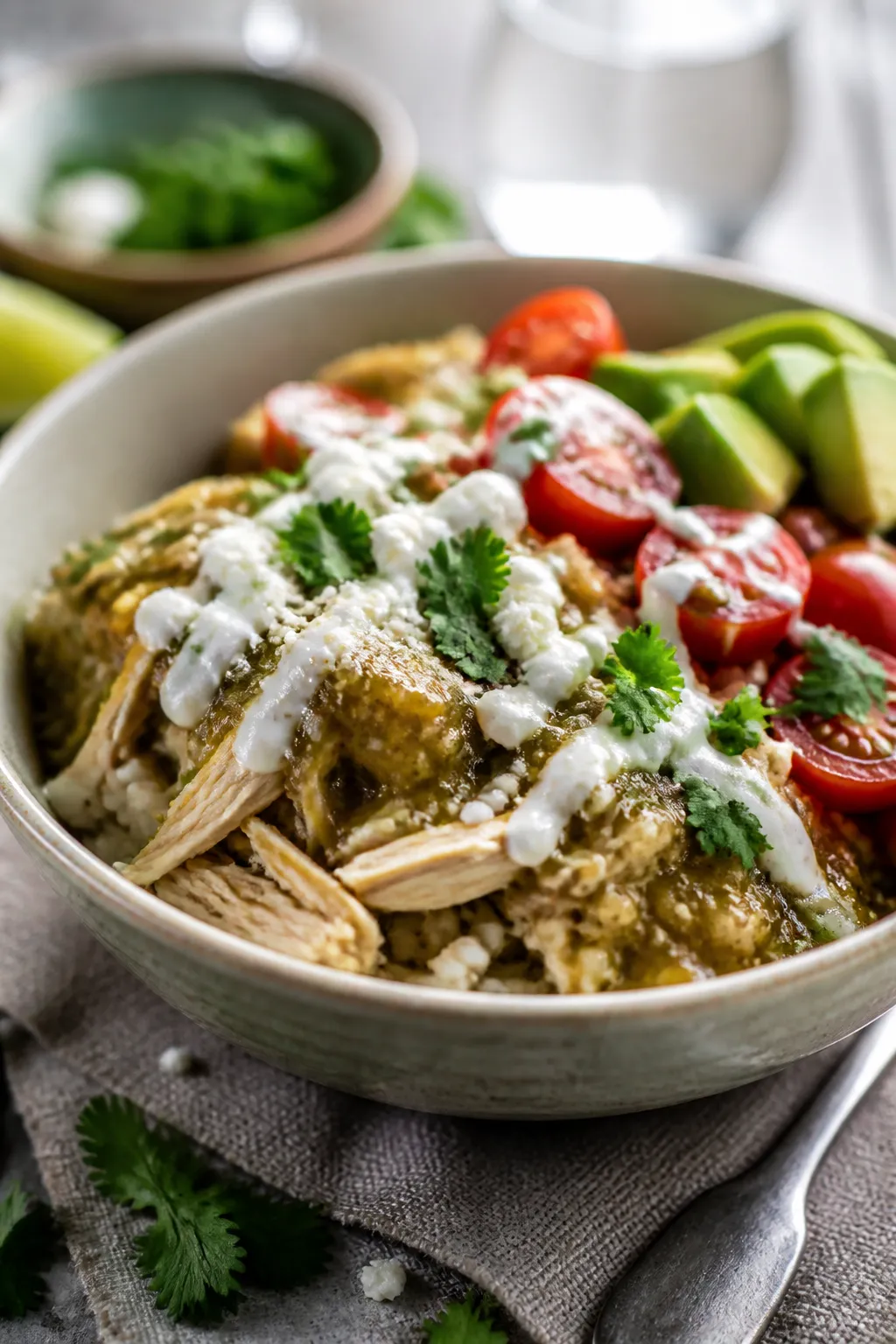 Final plated beauty shot: Restaurant-quality salsa verde chicken bowl hero image, three-quarter angl