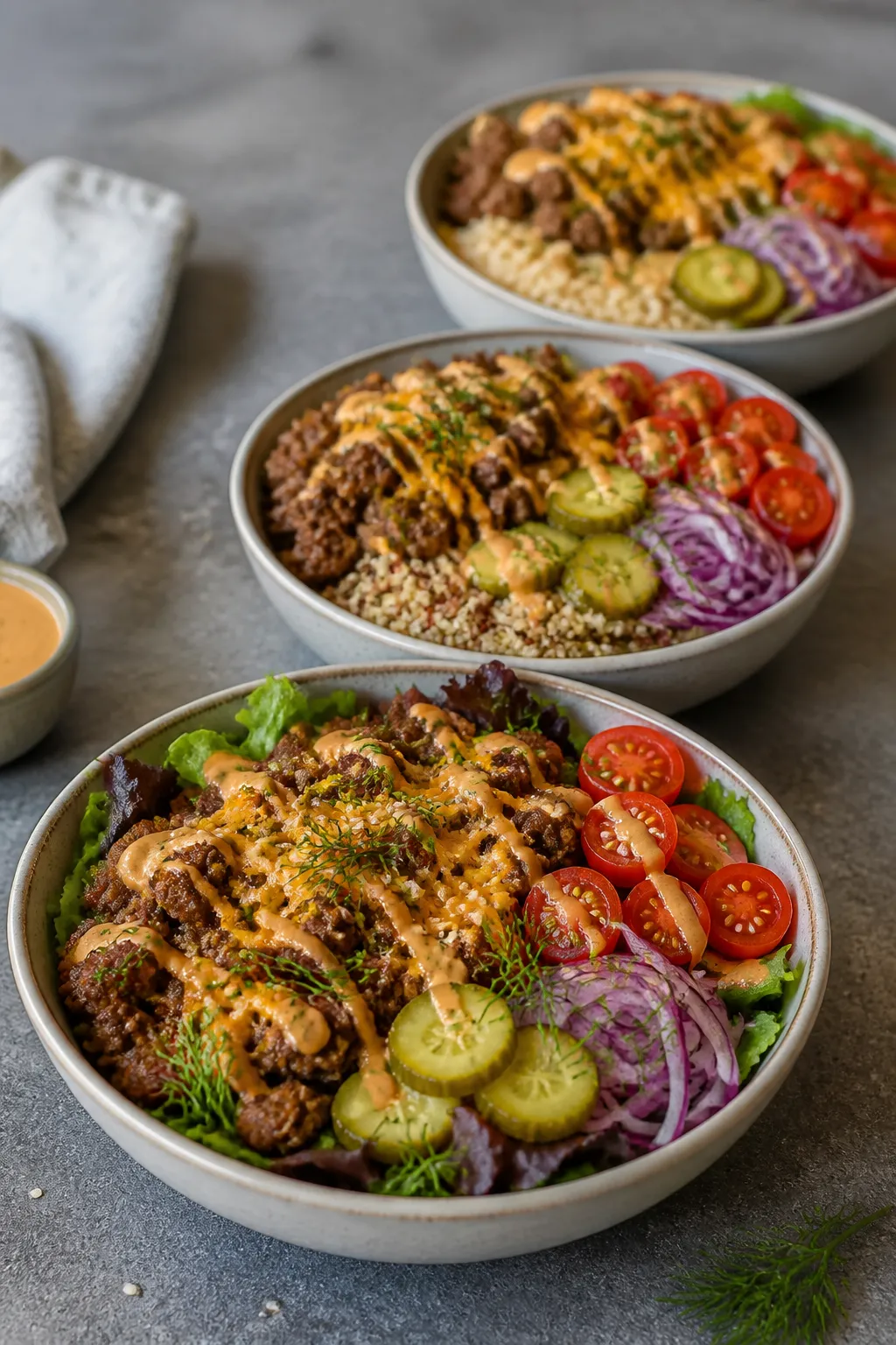 Final plated beauty shot: Three meal-prep bowls staggered on a cool-toned stone surface, each assemb