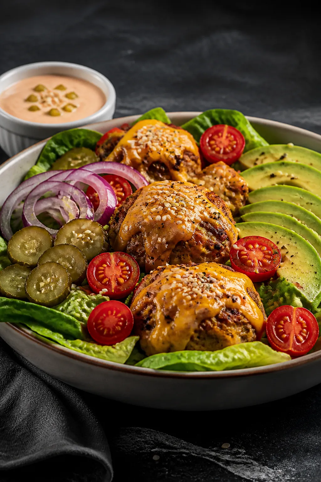 Final plated beauty: Three-quarter angle hero shot of a single Ground Chicken Cheeseburger Bowl buil