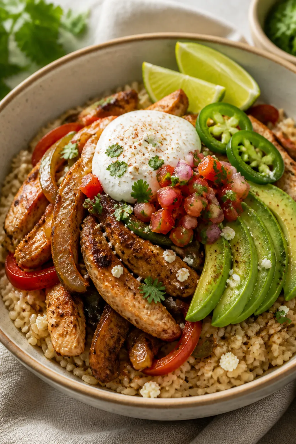 Final plated bowl, : Beautifully composed chicken fajita bowl with brown rice base, piled high with 