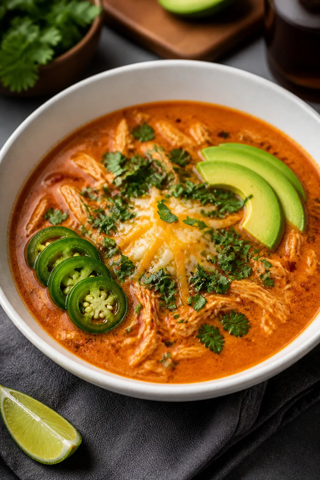Final plated bowl beauty: A restaurant-quality presentation of creamy low carb chicken enchilada sou