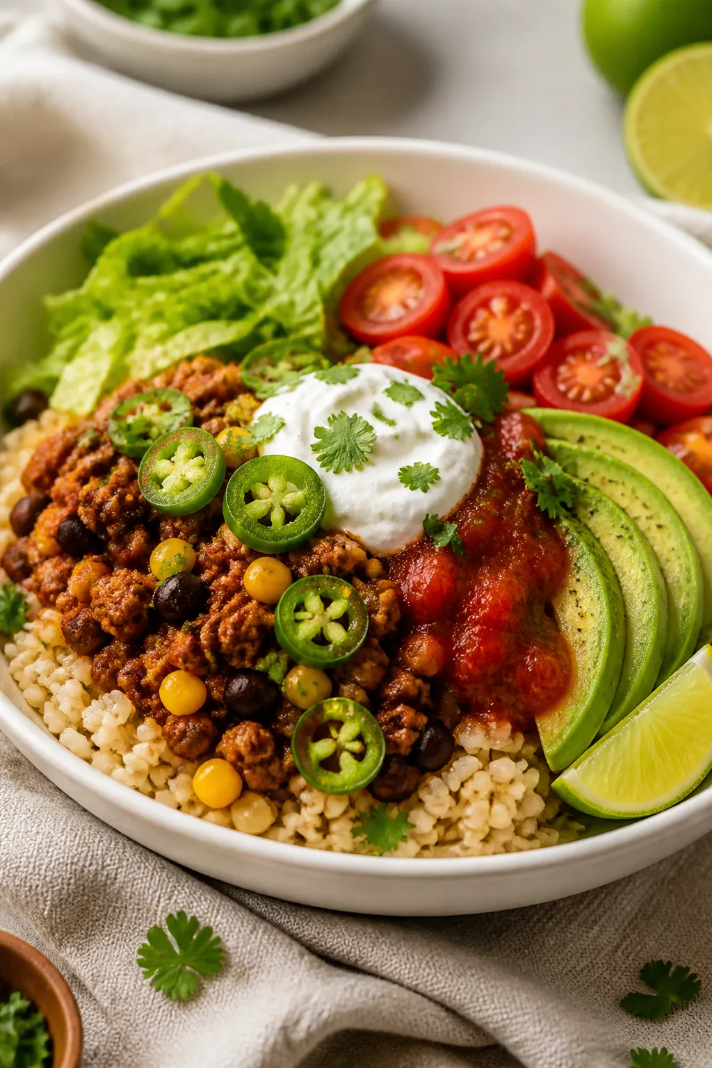 Final plated bowl beauty shot: Healthy Ground Turkey Taco Bowl artfully arranged in a matte white sh
