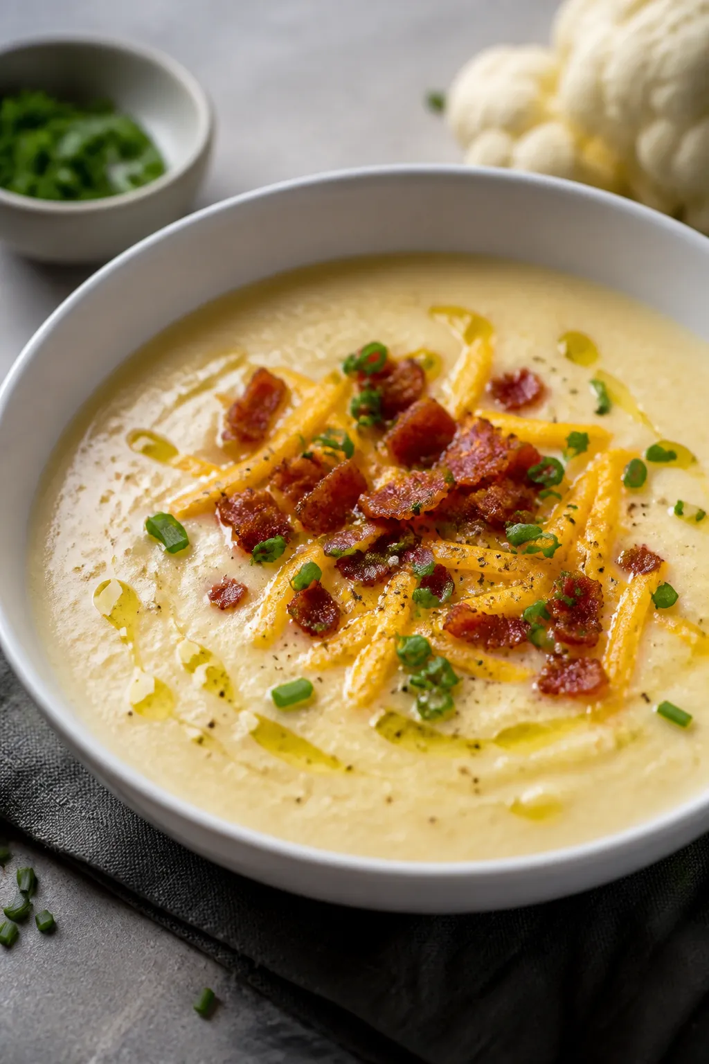 Final plated bowl, : Creamy high-protein loaded cauliflower soup in a matte white shallow bowl, topp