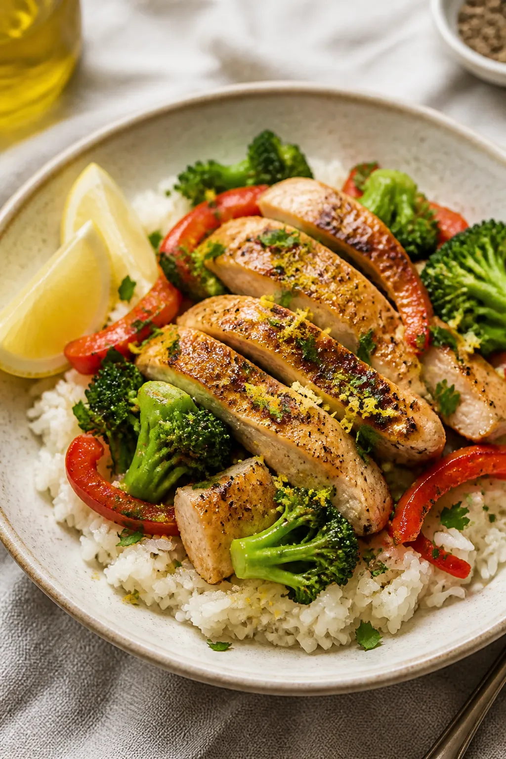 Final plated bowl, : Lemon Pepper Chicken Rice Bowl composed with fluffy jasmine rice as the base, t